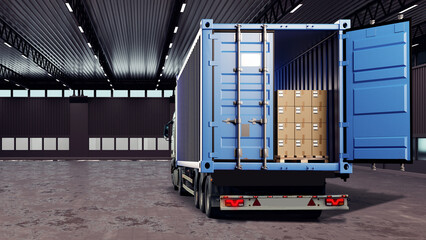 Truck in hangar. Lorry with containers in back. Freight transport. Industrial building with truck....
