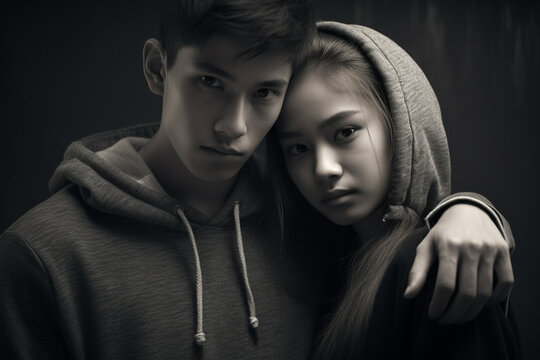 Portrait of two Asian teenagers . First love , strong bond, emotional support concept. Digital Ai