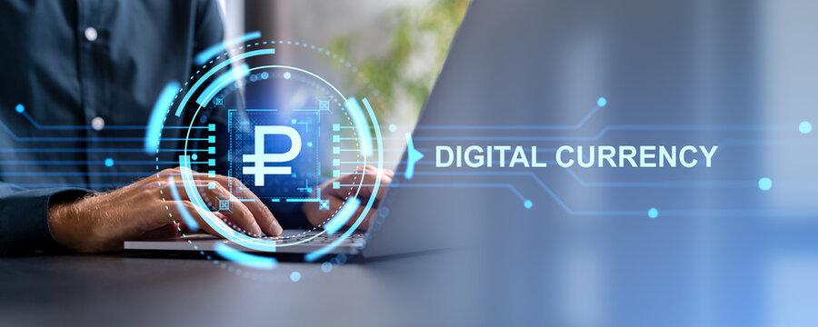 Man hands typing in laptop, glowing digital currency ruble icon - Powered by Adobe