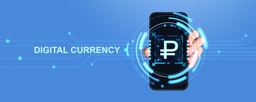 Man hand with smartphone and digital ruble interface - Powered by Adobe