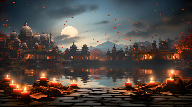 Background India Diwali. Flowers, Diya lamps and candles in water. Indian footfall. Diwali illustration. Copy space. Generative ai