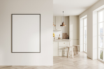 Beige home kitchen interior with cooking area and window. Mockup frame