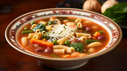 A bowl of hearty and flavorful minestrone soup with pasta and vegetables