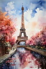 Watercolor Eiffel Tower on the background of cherry blossom trees. Tourist Paris