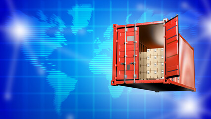 Sea container with boxes. World map with shipping containers. Cargo container is levitating. Concept of international logistics. Twenty foot open shipping container. Sea import. 3d image