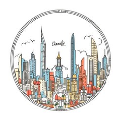 A circle shape frame with center space of Dubai city skyline in simple doodle color cartoon style. beautiful Generative AI AIG32