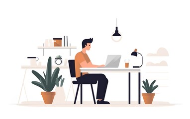 Minimalist character illustration of a person working in front of a laptop