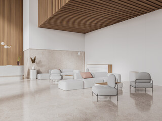 Luxury reception interior armchairs and couch with drawer, waiting space