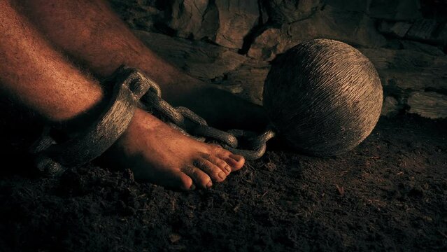 Prisoner Sits With Ball And Chain At Sunset
