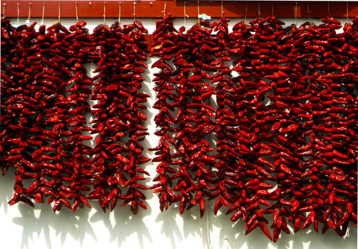 Piments d'Espelette accroch&eacute;s sur un mur