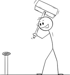Person With Hammer and Nail, Solving Problem, Vector Cartoon Stick Figure Illustration