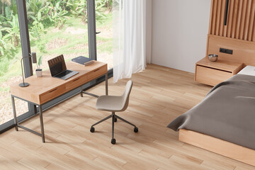 Top view of home bedroom interior with bed and work corner, panoramic window