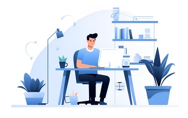 Minimalist character illustration of a person working in front of a laptop