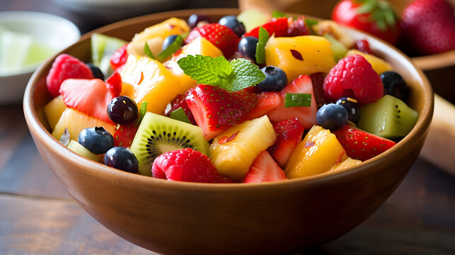 A bowl of refreshing and vibrant fruit salad with a honey lime dressing