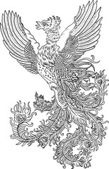 Beautiful line art of Phoenix for tattoo  design on background.Phoenix vector for printing on shirt.Phoenix vector illustration for doodle art and coloring book on white isolated background.paper cut.