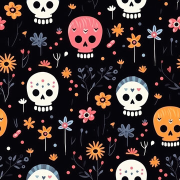Cute Skulls Seamless Halloween tile created with Generative AI technology