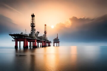 oil refinery at sunset - obrazy, fototapety, plakaty