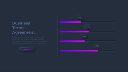 Horizontal bar graph. Dark neumorphic infographic design template for business presentation