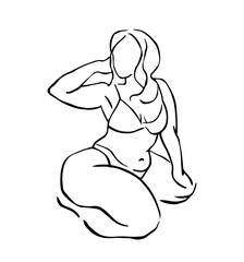 plus size body positive woman figure in sitting pose line art  drawing vector illustration