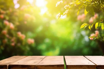Tuinposter day environment garden board rustic component photo nature tree garden grass illustration old wood background Empty countryside cloud wooden light knot sky spring summer sun bokeh table rural table © akkash jpg