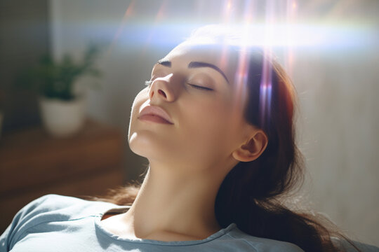 Woman Experiencing Connection with Higher Self, through deep Meditation. Spiritual Awakening Concept. Digital Ai