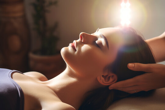 Woman experiencing a Reiki energy healing session, achieving serenity, balance, and emotional release. Digital Ai