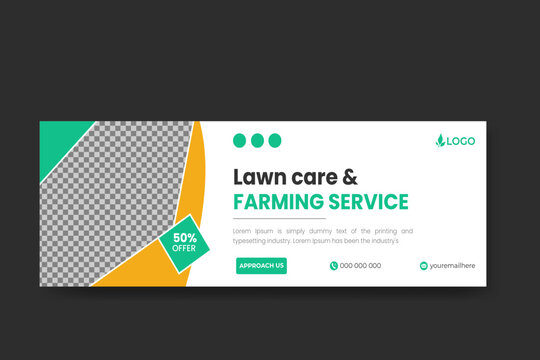 Organic Food And Agriculture Service, Contemporary Lawnmower Garden Or Landscaping Service Design Template For Social Media Cover Or Post With Geometric Green Gradient Color Shape Discount Offer