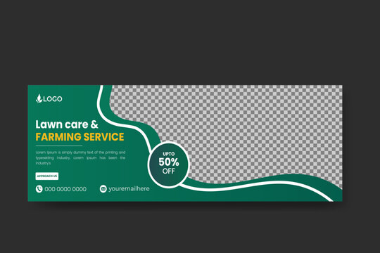 Organic Food And Agriculture Service, Contemporary Lawnmower Garden Or Landscaping Service Design Template For Social Media Cover Or Post With Geometric Green Gradient Color Shape Discount Offer