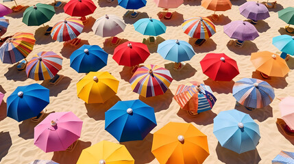A cluster of colorful beach umbrellas creating a vibrant scene on a sunny day