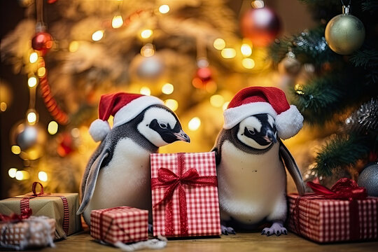 Penguins with Santa's hat and Christmas gift, generative ai
