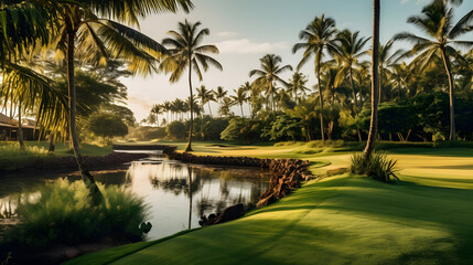A lush green golf course with neatly manicured fairways and palm trees