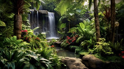 A lush tropical garden with palm trees, exotic plants, and a cascading waterfall
