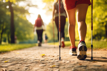 Nordic walking adventure: legs in motion along the trail - Powered by Adobe