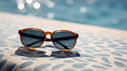 Fototapeta na wymiar A pair of beach sunglasses resting on a towel, with the ocean waves in the background