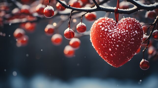 Red frozen heart in the snow on fir branches, Merry Christmas card. Beautiful winter concept. Merry christmas and happy new year greeting card with copy-space.