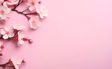 Pink cherry flowers on light pink background. Greeting card template for Wedding, mothers or womans day.