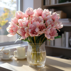 pink tulips are in a clear vase on top of a glass table, ai generated.