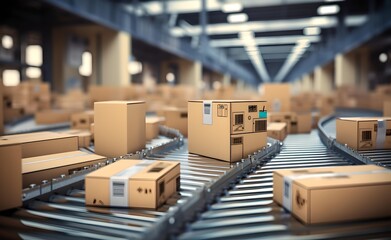 Top view of boxes on conveyor belt, motion blur.