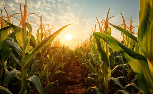 Corn plantation field at sunset time, orange light.