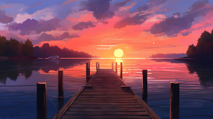 Fototapeta premium A peaceful lakeside scene with a wooden dock, calm waters, and a stunning sunset sky