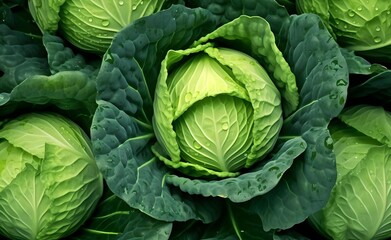 Fototapeta premium Many beautiful and shiny cabbage, top view.