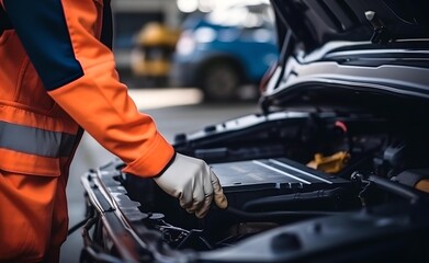 Selective focus hands in gloves of expert mechnicain electric car.