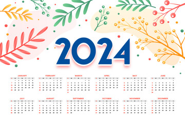 2024 new year english calendar template with floral decoration