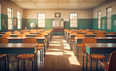 Classroom Interior Vintage Wooden Lecture Wooden Chairs and Desks.