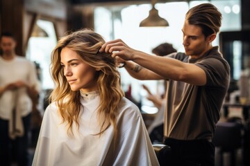 Beautiful hairstyle of woman after dyeing hair and making highlights in hair salon. Generative AI.