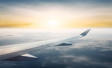 Fototapeta premium Plane wing in cloudy sky, pink and violet pastel cotton clouds in the sky. 