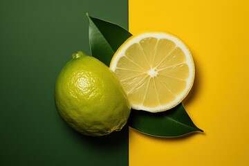 Poster of a lemon cut-off,half yellow,half green. Generative AI. - obrazy, fototapety, plakaty