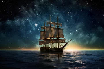 Fototapeten Virtual reality wooden boat sailing in the sea, wooden boat sailing in the Atlantic Ocean under a beautiful sunset, ship sailing in the sea under the blue starry sky © Peng