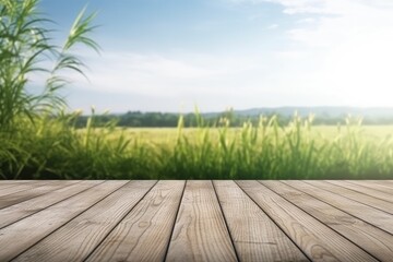 Wooden deck with green grass near landscape with sky background. Generative AI image weber.