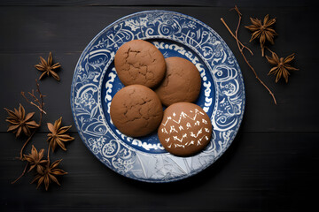 Spiced lebkuchen, German gingerbread cookie served on a plate, top down